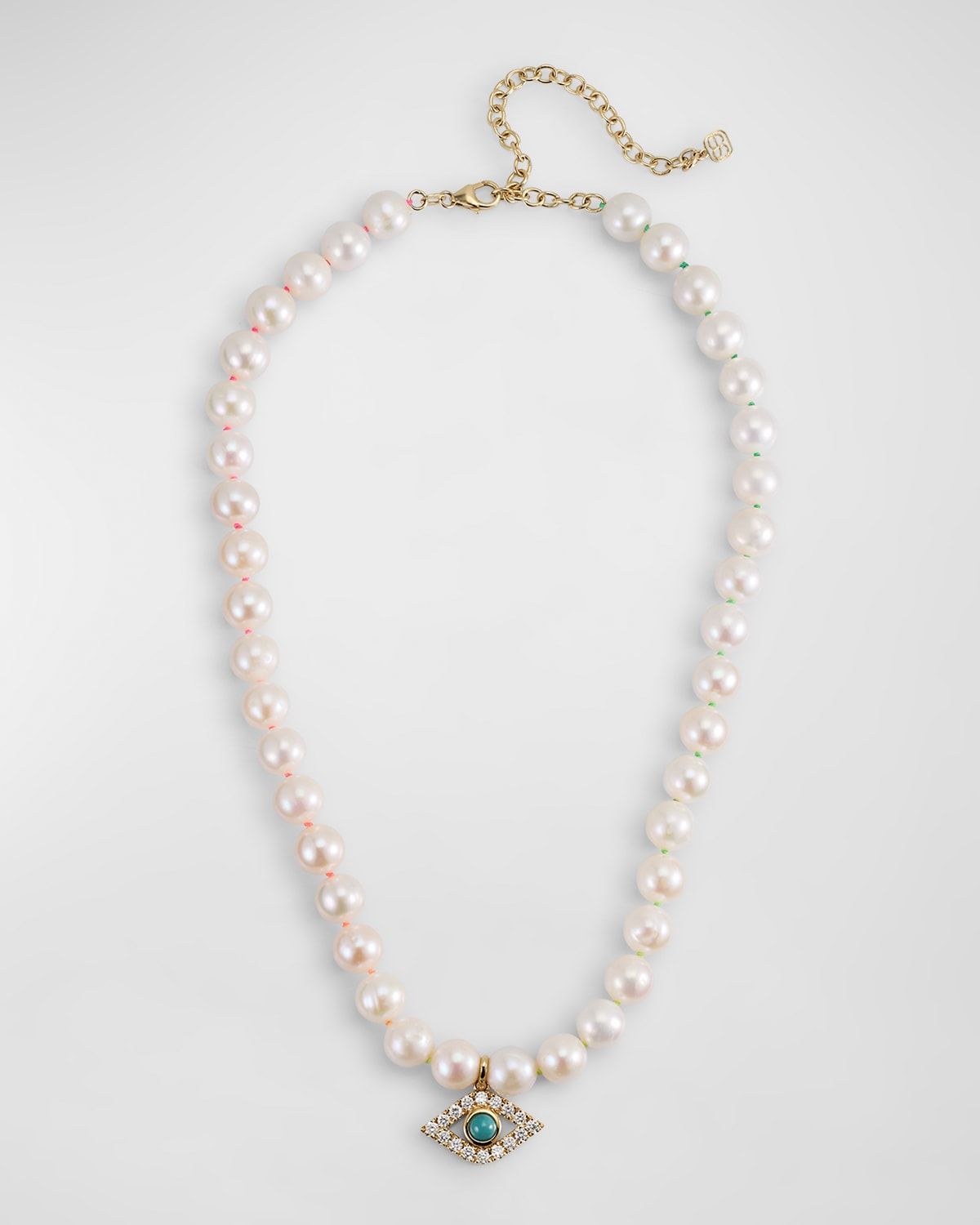 14K Large Turquoise Evil Eye Charm on Freshwater Pearl Necklace