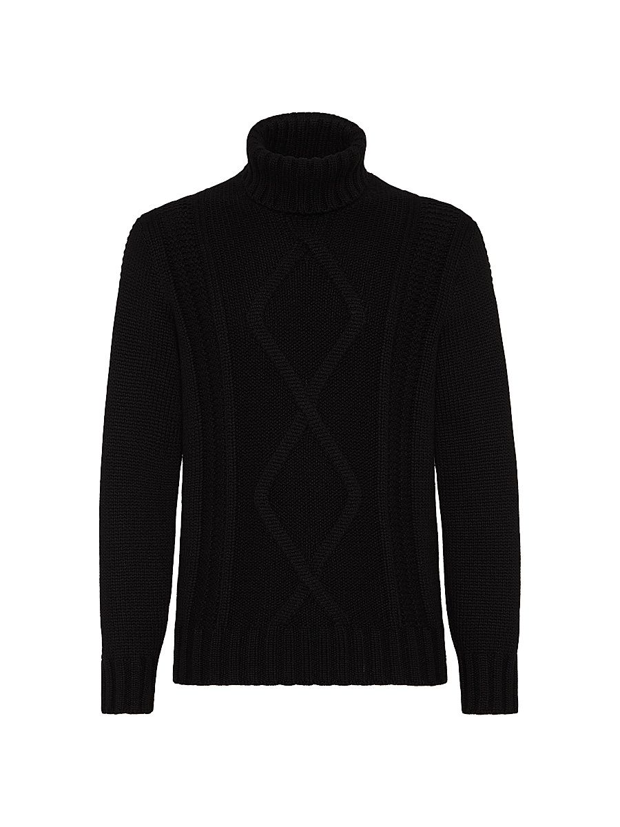 Men's Irish Cable Turtleneck Sweater in Cashmere Feather Yarn - Black - Size 44