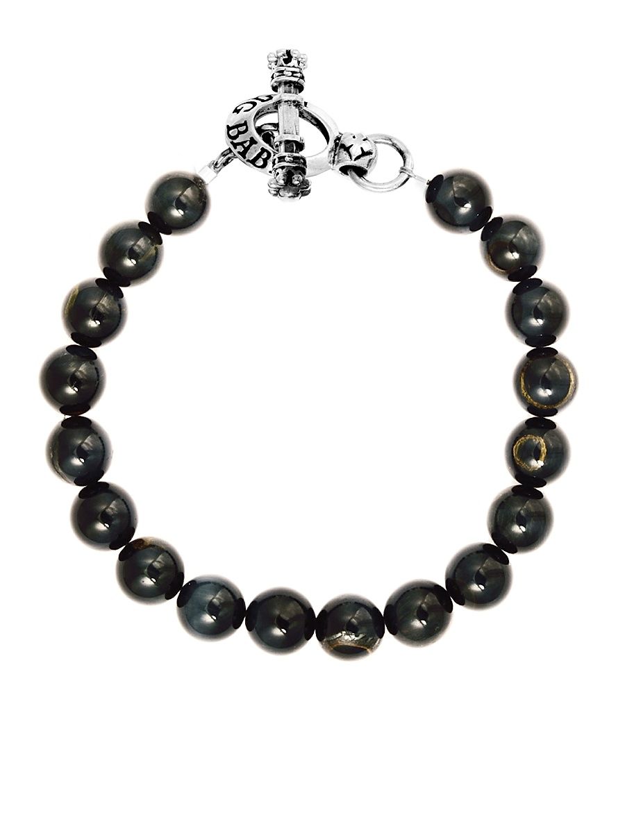 Men's Blue Tiger's Eye Sterling Silver Beaded Toggle Bracelet