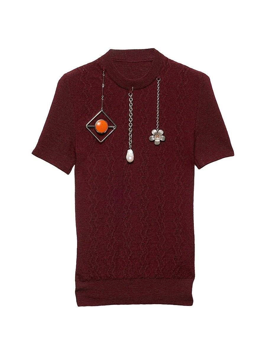 Women's Short-Sleeved Wool Sweater with Pendants - Dark Red - Size 8