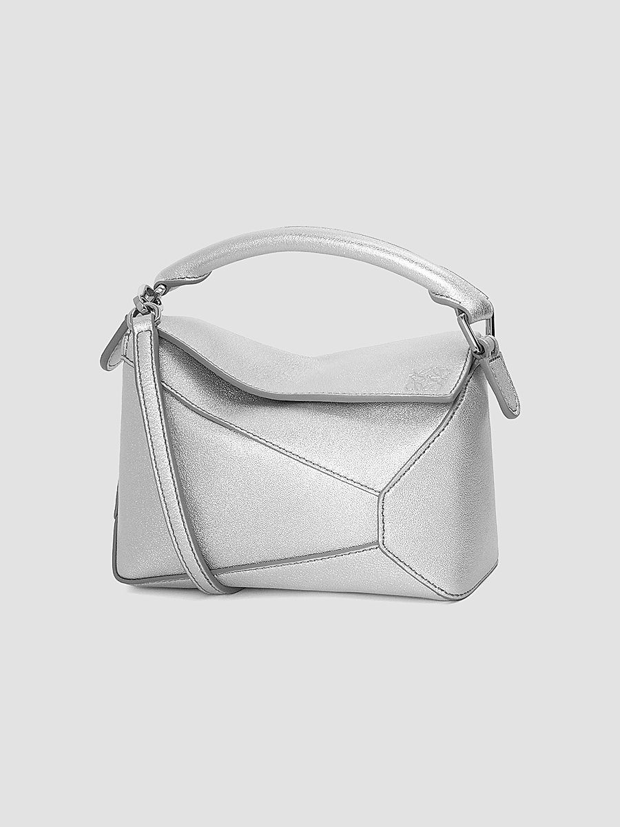 LOEWE Women's Mini Puzzle Edge Metallic Leather Bag - Silver