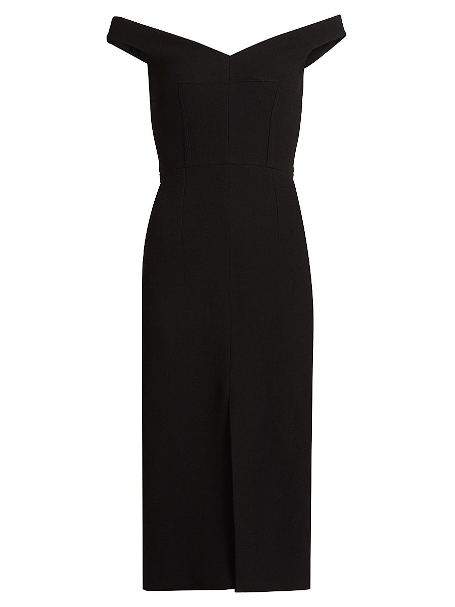 Women's Stretch Bouclé Crepe Off-Shoulder Midi-Dress - Black - Size 10