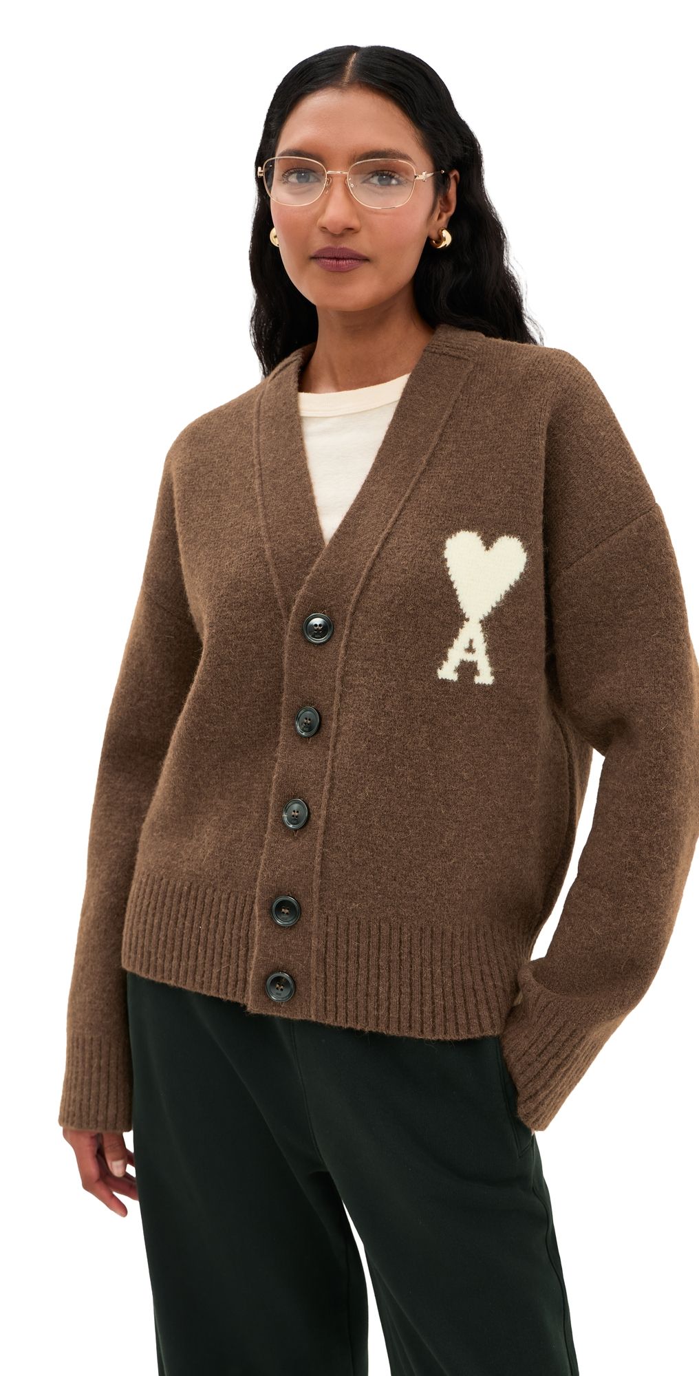 AMI Ami De Coeur Cardigan Marron Chocolat/Ecru XS