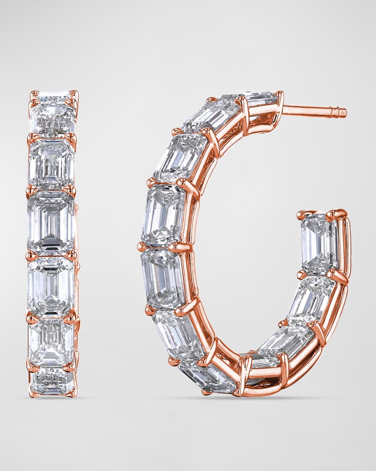 18K Gold North South Emerald Cut Diamond Hoop Earrings, 7.9tcw/1"L