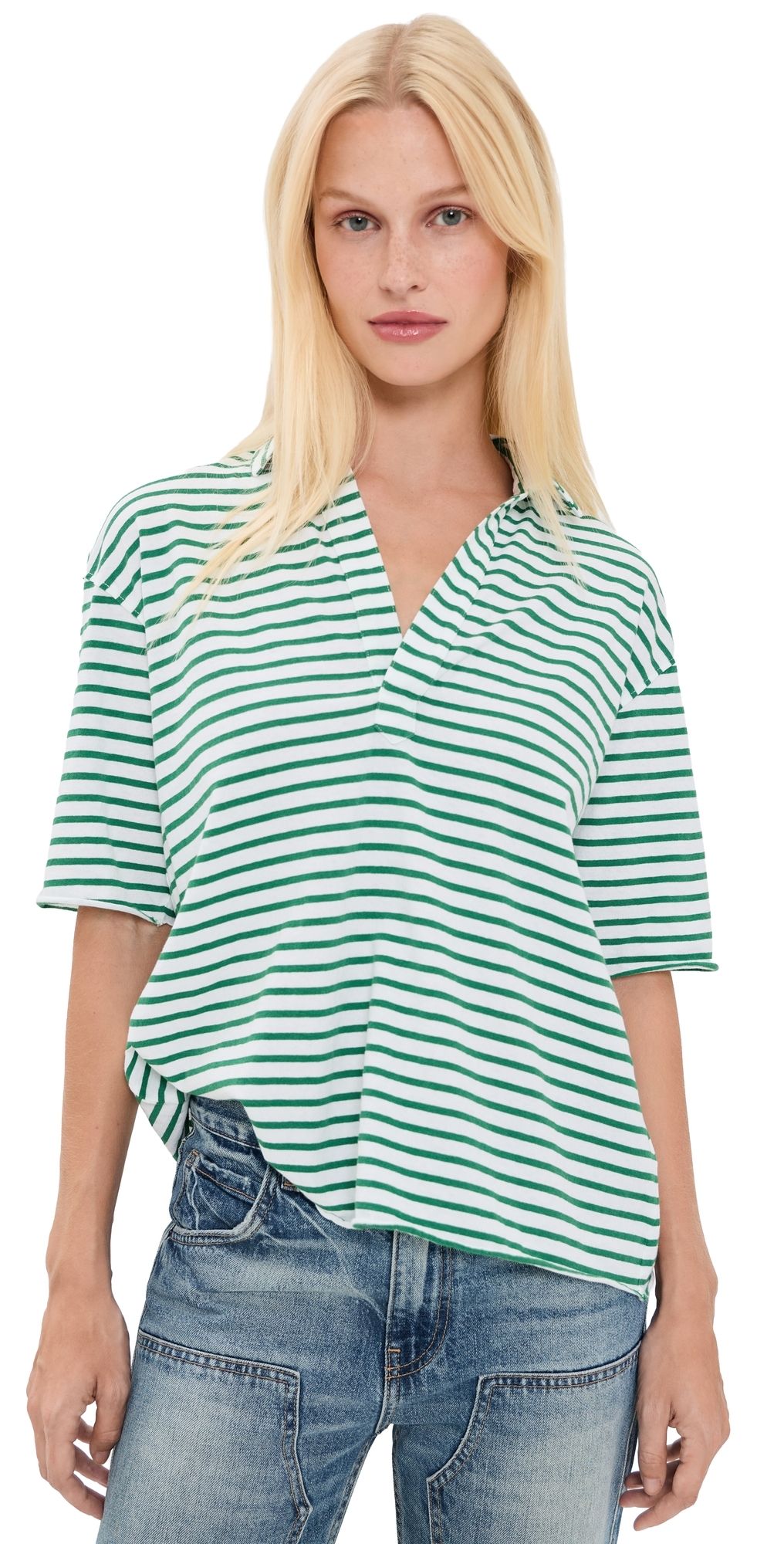 Frank & Eileen Patty Popover Short Sleeve Henley Green & White Stripe XL