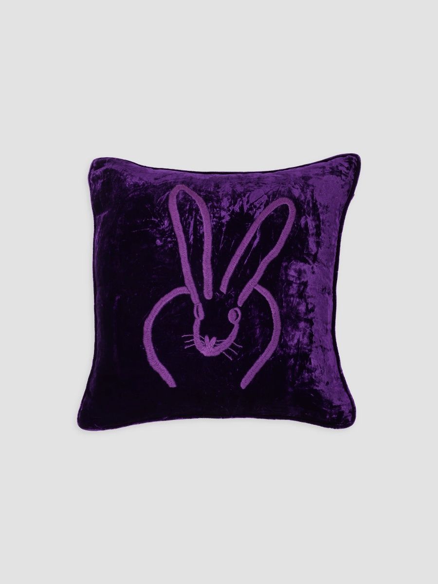 Hunt Slonem Bunny-Embroidered Velvet Pillow - Violet