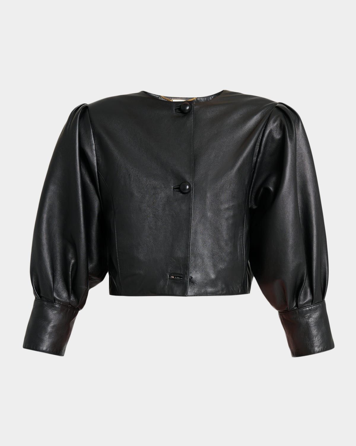 Leather Puff-Sleeve Crop Jacket