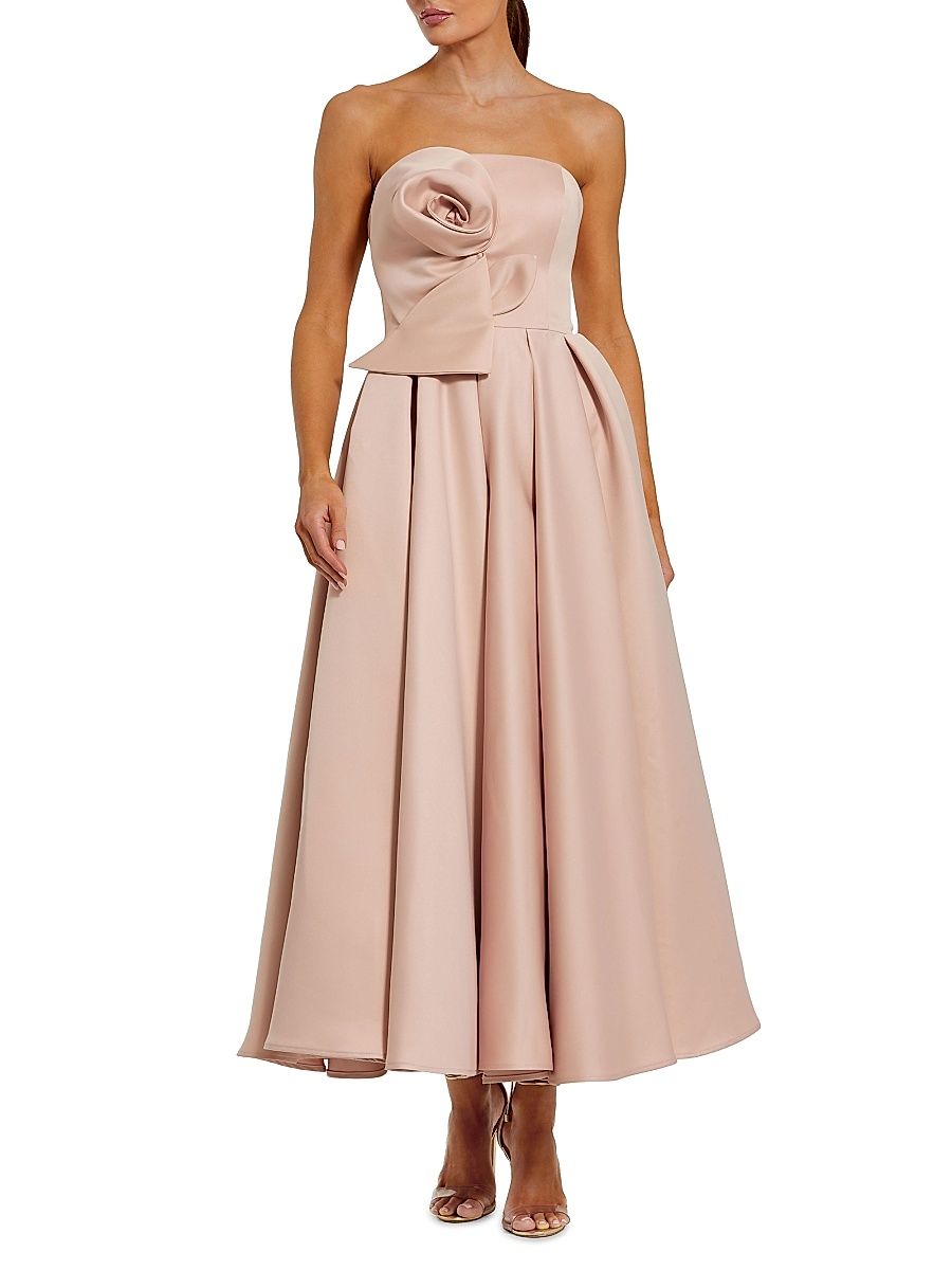 Women's Rosette Satin Strapless A-Line Midi-Dress - Rose Pink - Size 14