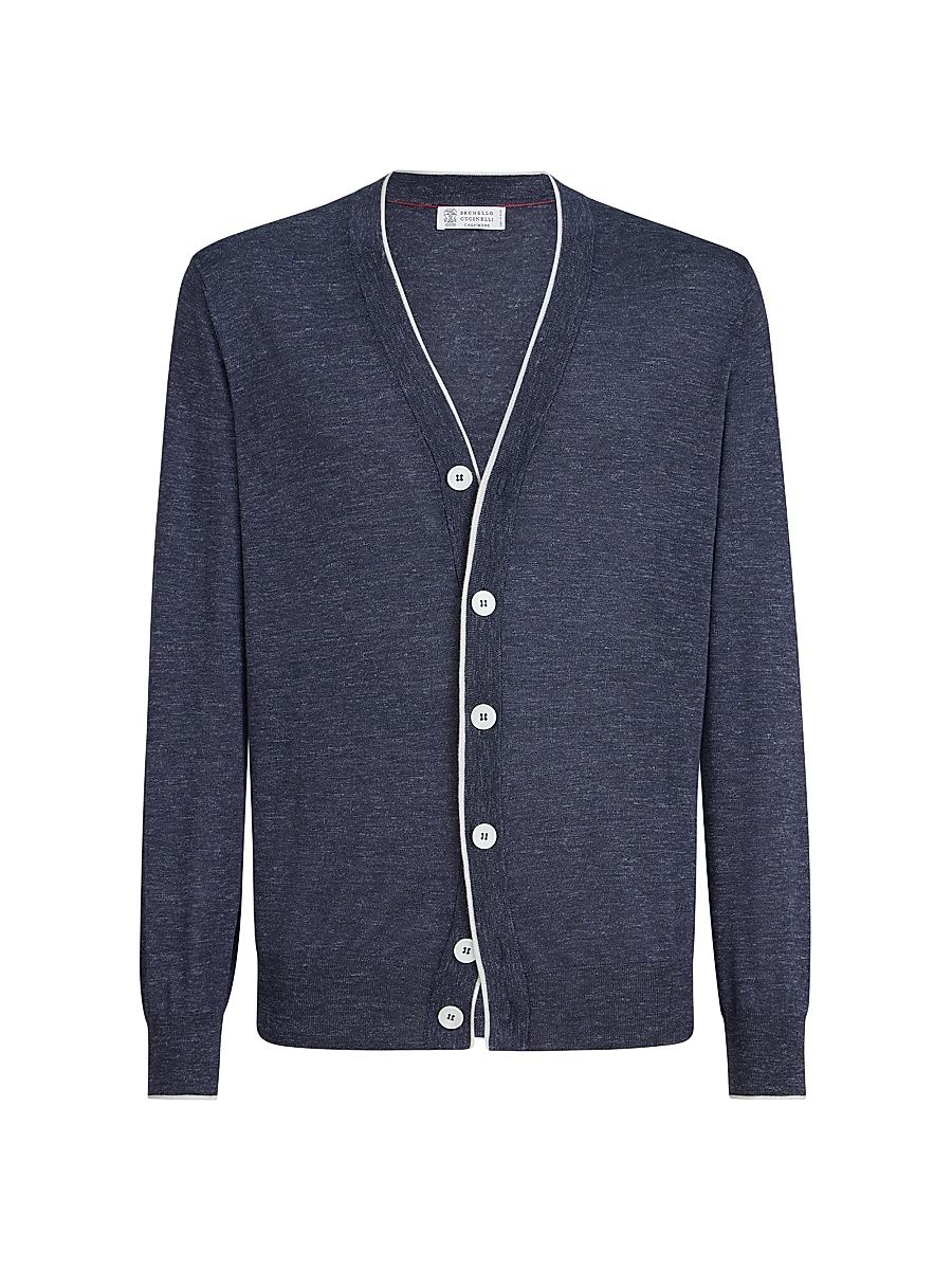 Men's Cashmere, Silk and Hemp Lightweight Cardigan - Avio Blue - Size 34