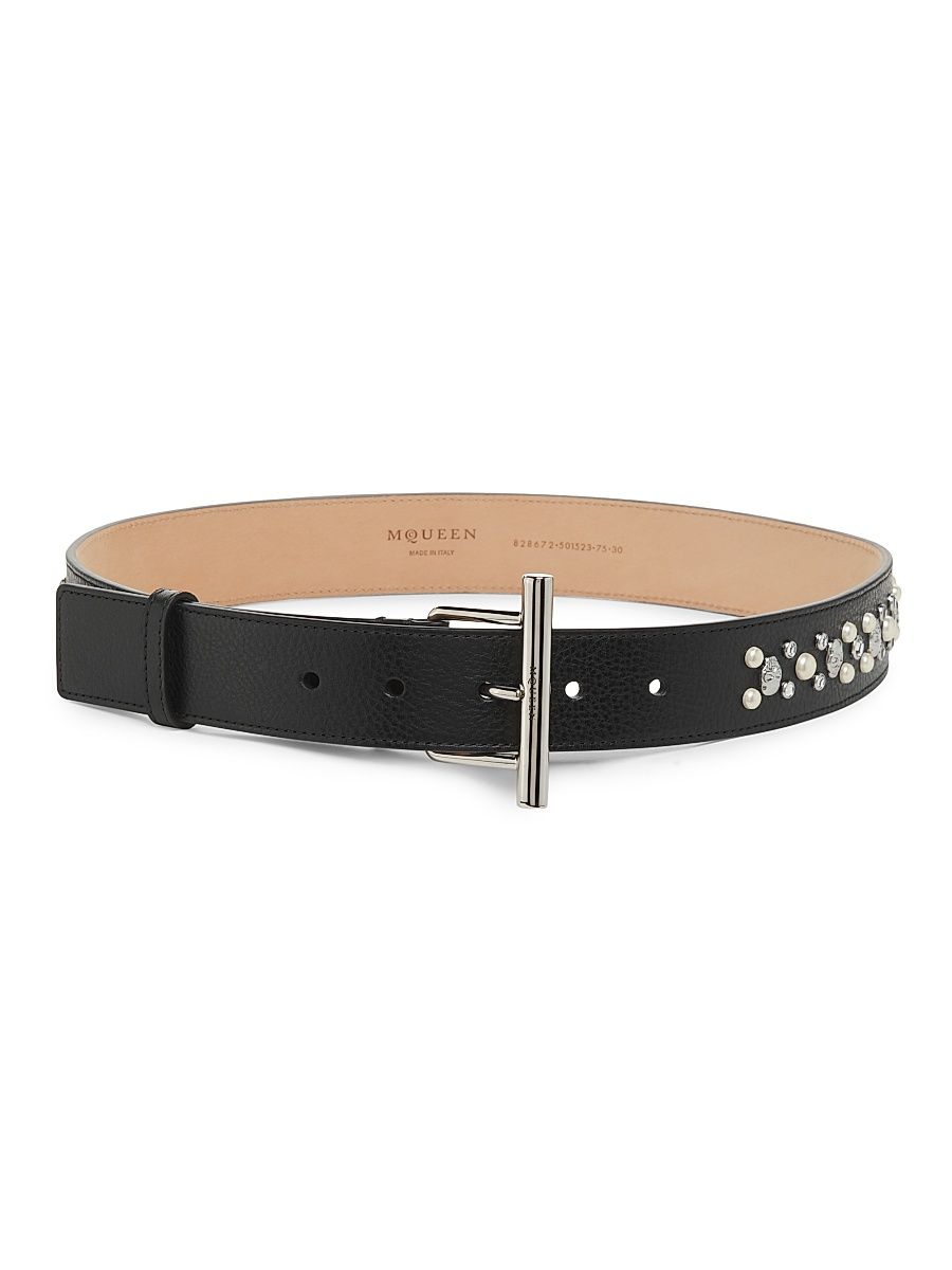 Women's T-Bar Crystal & Imitation Pearl-Studded Leather Belt - Black Silver - Size Large