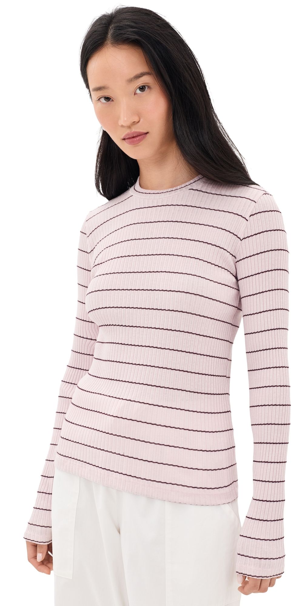 Vince Rib Stripe Long Sleeve Crew Tee Slipper Rose Combo L