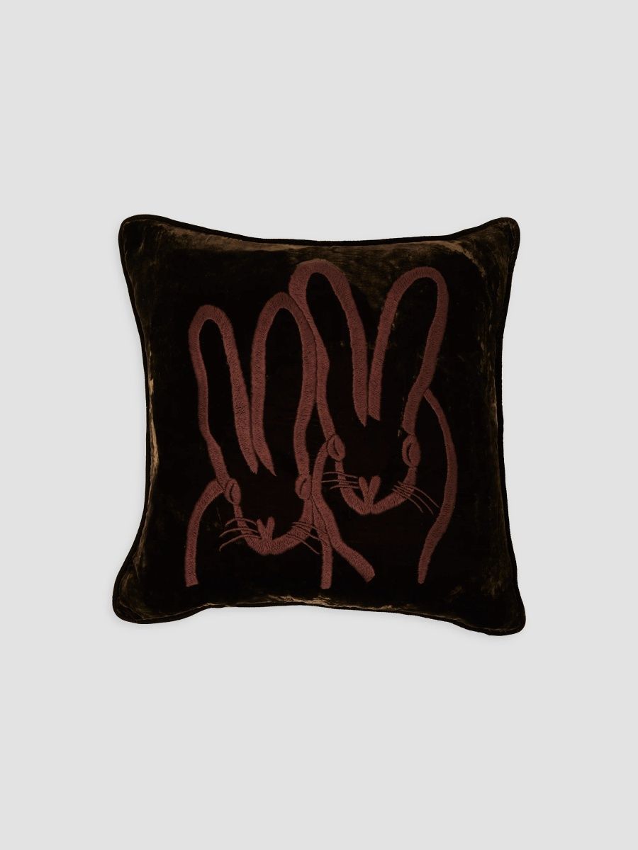 Hunt Slonem Bunny-Embroidered Velvet Pillow - Chocolate