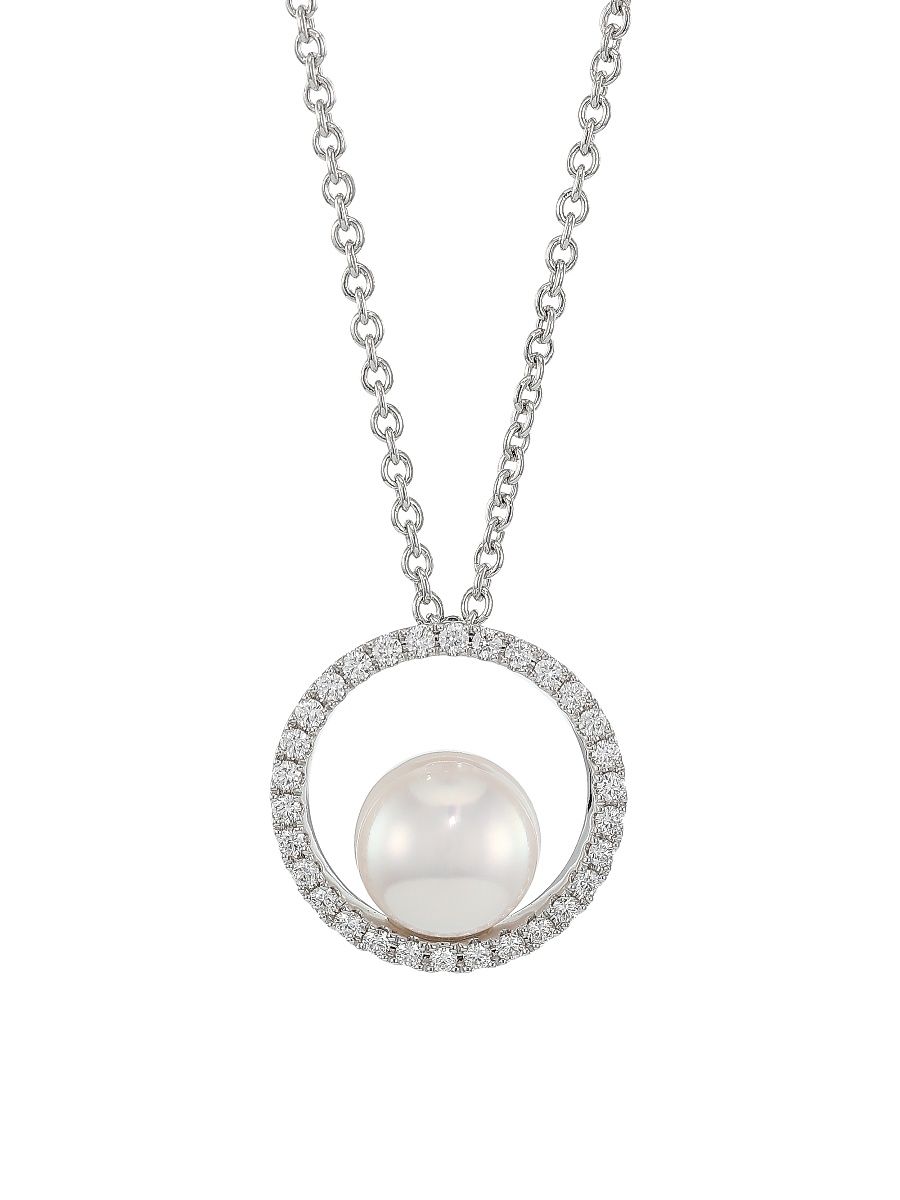 Women's Japan 18K White Gold, 7MM White Cultured Akoya Pearl & Diamond Pendant Necklace - White Gold - Size 18