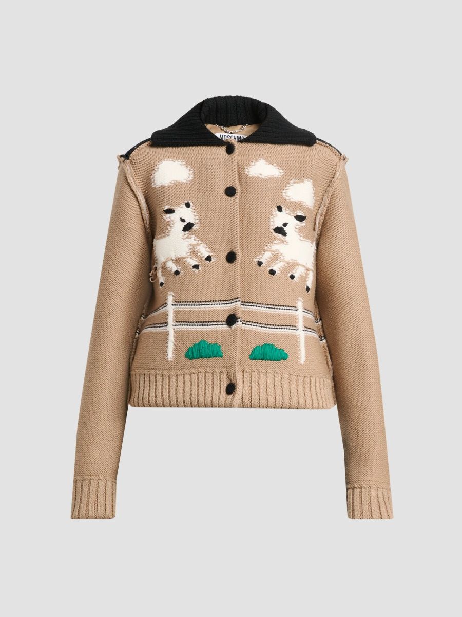 Moschino Women's Sheep Jacquard Wool Cardigan - Multi Beige - Size 10