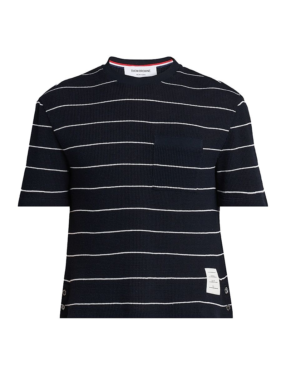 Men's Striped Waffle-Knit Cotton-Linen T-Shirt - Navy White - Size XL