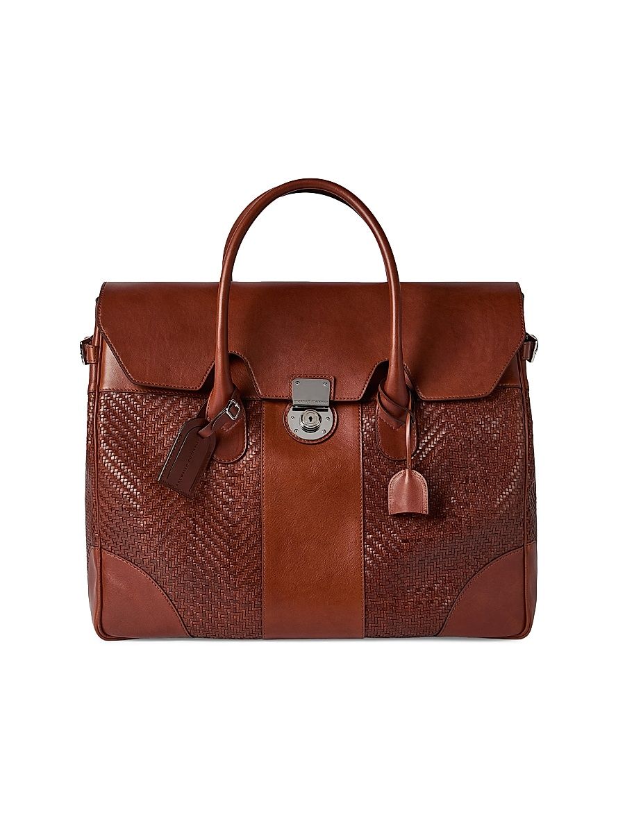 Men's Braided Leather and Cowhide Boston Bag - Cognac