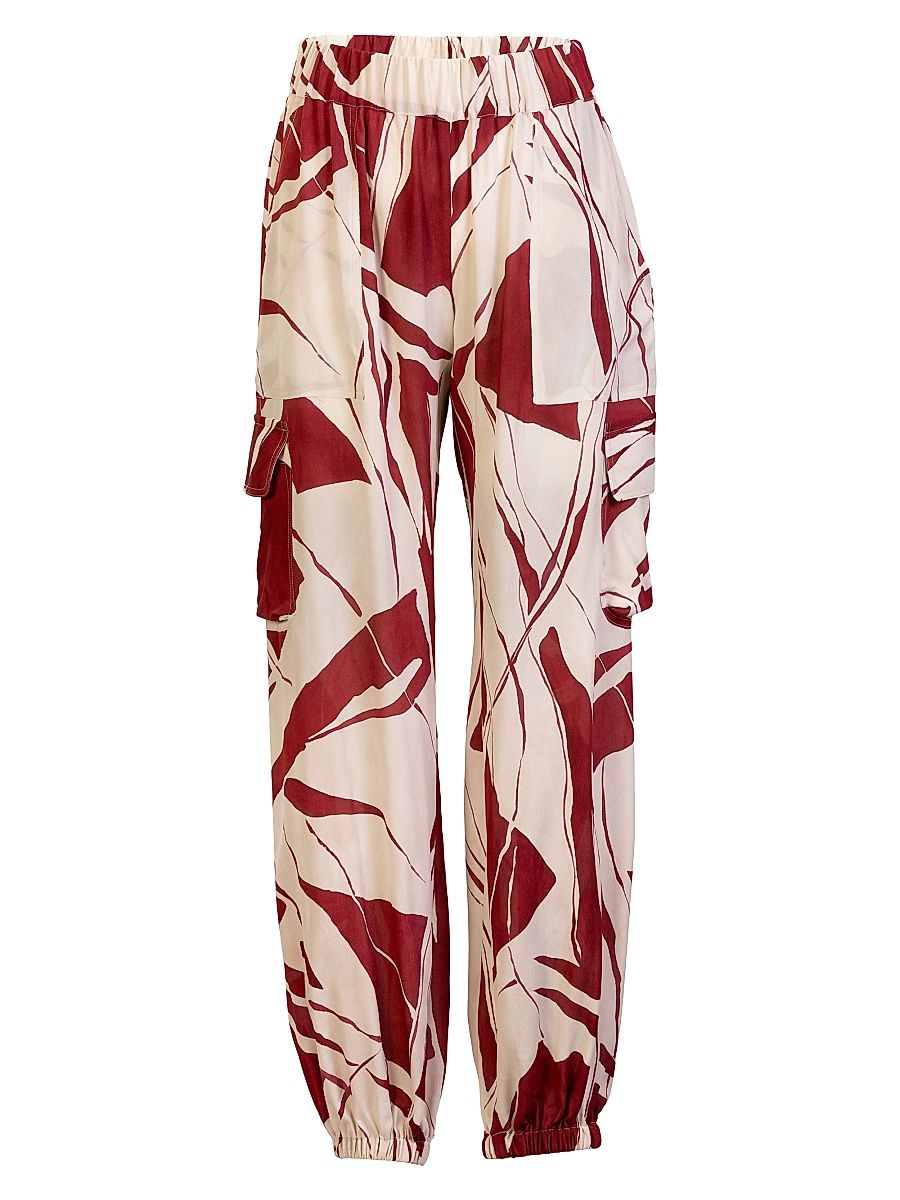 Women's Jess Abstract Cargo Pants - Beige Burgundy Abstract - Size Large
