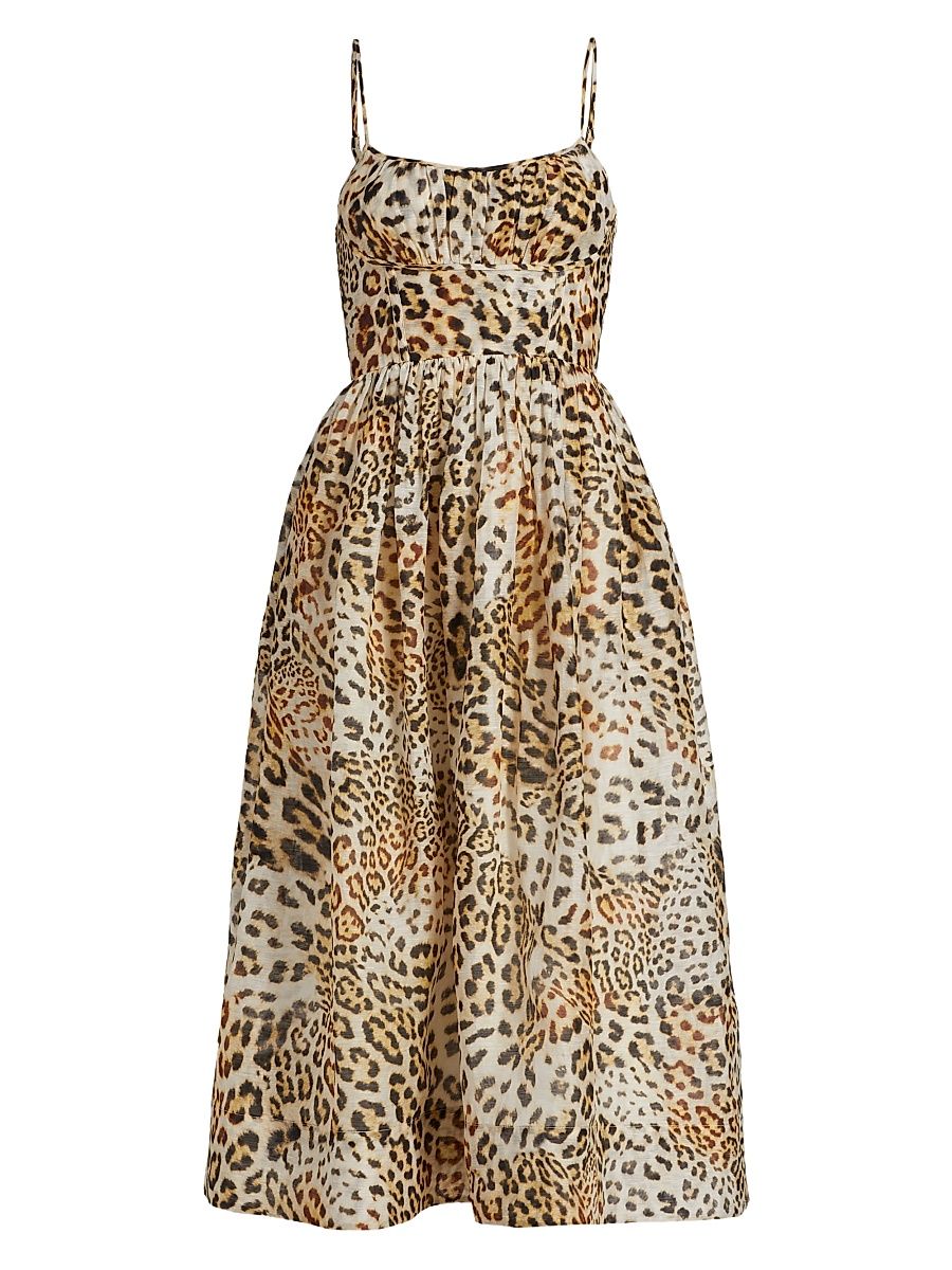 Women's Alba Cheetah-Print Linen Midi-Dress - Cheetah Natural - Size 12
