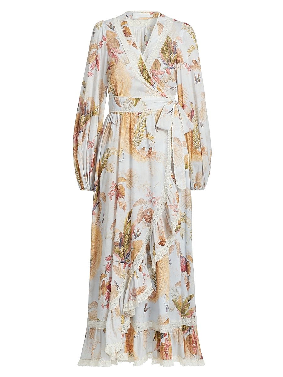 Women's Ascension Lace-Trimmed Printed Cotton Midi Dress - Light Blue Palm Floral - Size 2