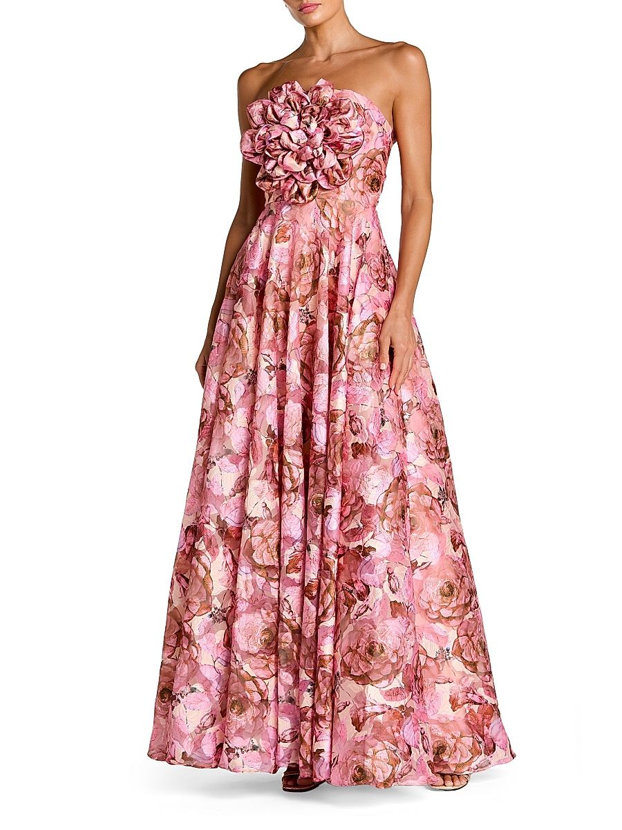 Women's Floral Organza Strapless Fit-&-Flare Gown - Rose Multi - Size 14
