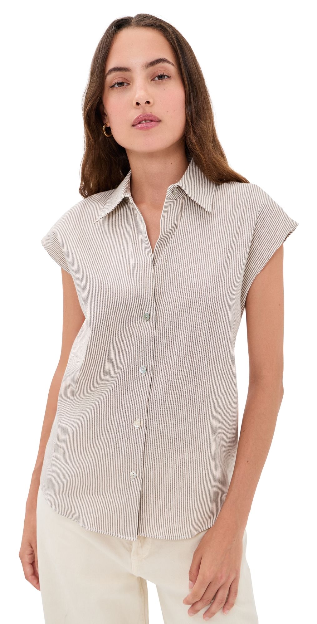 Vince Ticking Stripe Cap Sleeve Blouse Taupe Wood XL