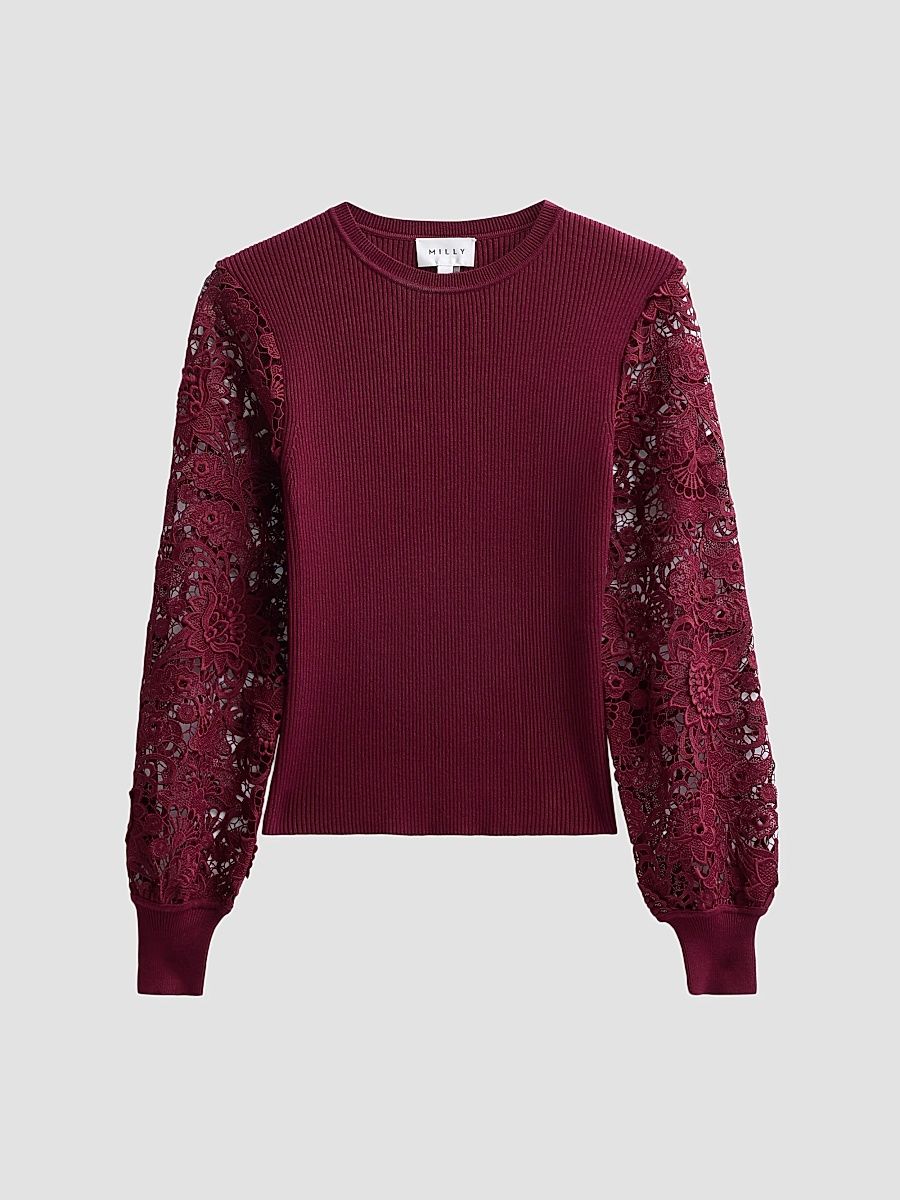 Women's Josette Lace-Sleeve Crewneck Sweater - Burgundy - Size XL