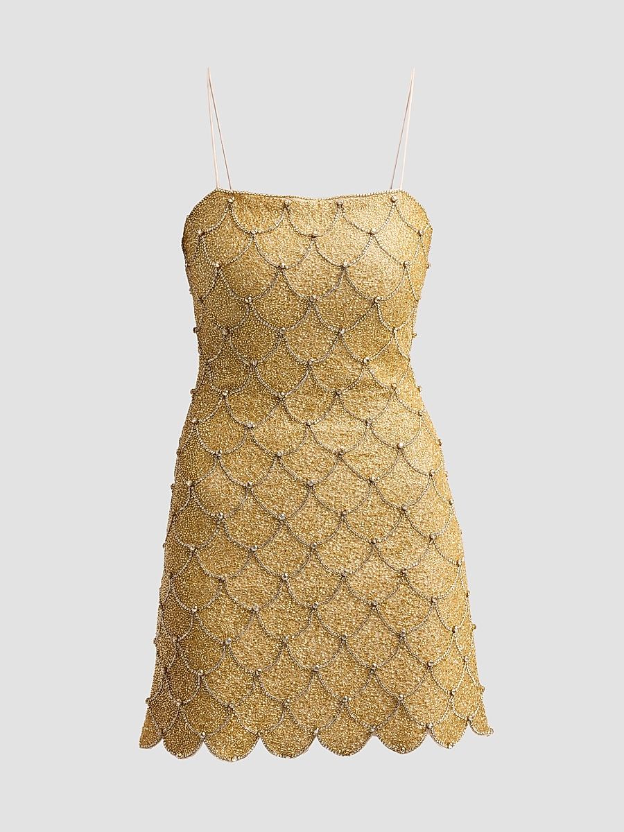 Women's Nina Embellished Scallop Mini Dress - Pale Gold - Size 12