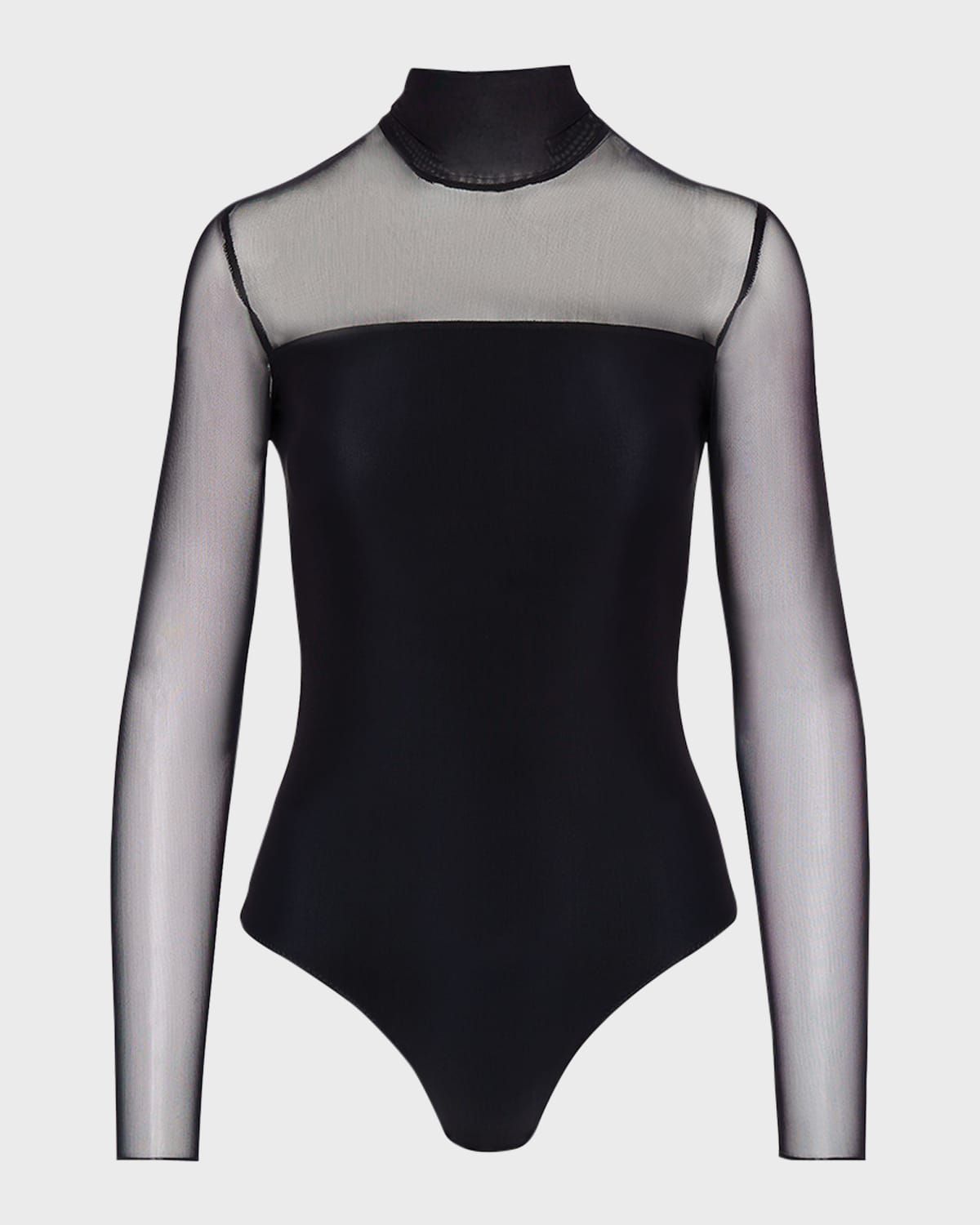 Mock-Neck Strapless Illusion Long-Sleeve Mesh Bodysuit