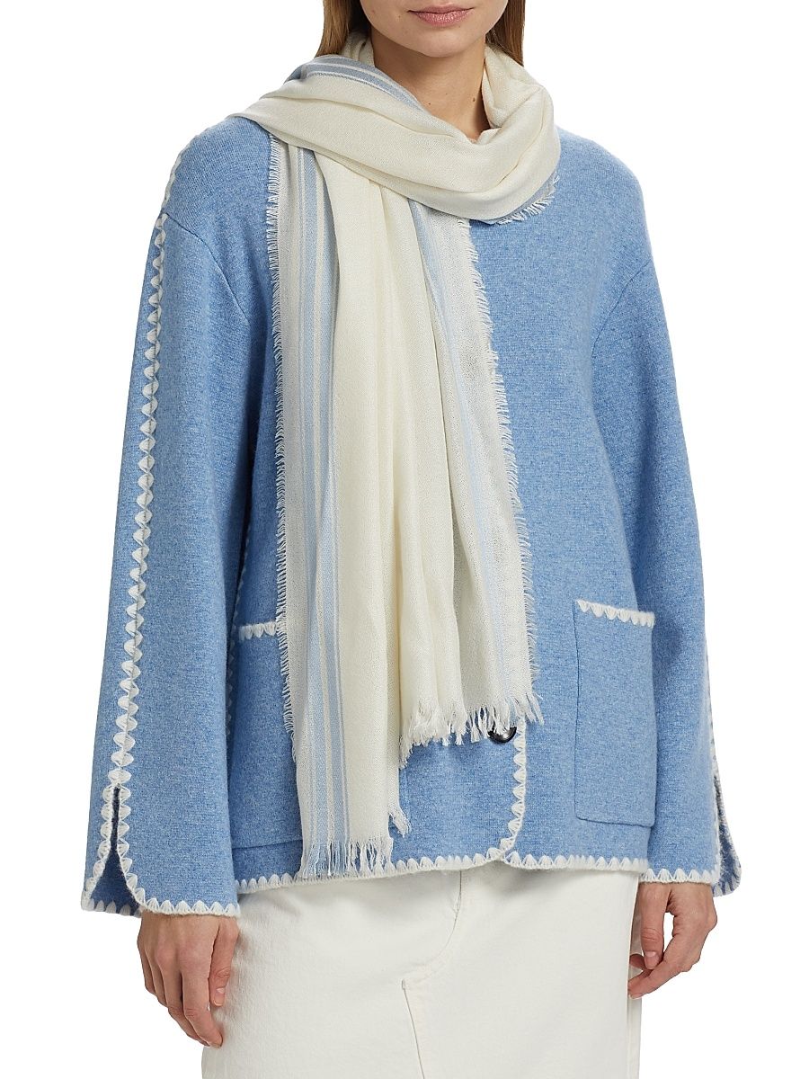 Women's Cashmere & Silk Twill Border Striped Scarf - Sky