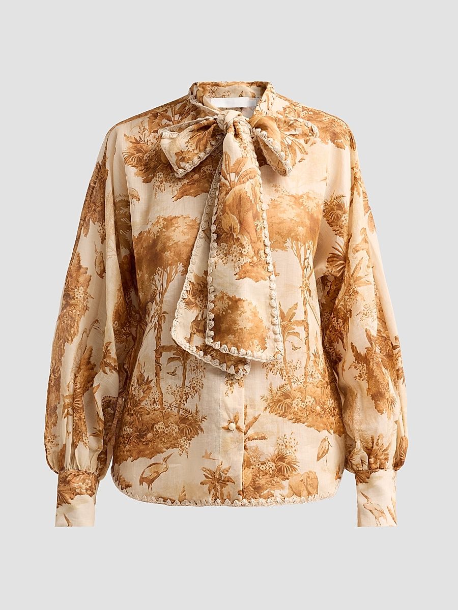Women's Indra Printed Tieneck Blouse - Coffee Safari - Size 0
