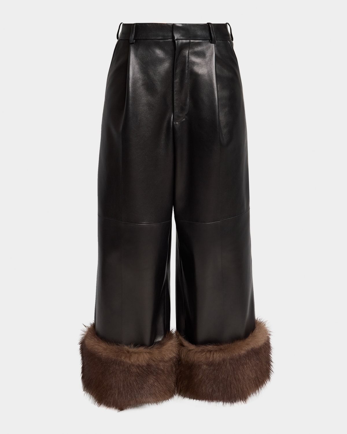 Turn-Up Shiny Leather Wide-Leg Ankle Trousers With Lamb Shearling Cuffs