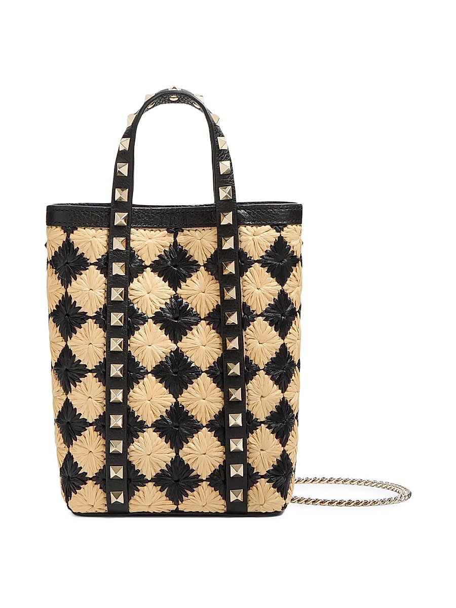 Women's Mini Tote With Synthetic Raffia Embroidered Rockstud Chain - Natural Black