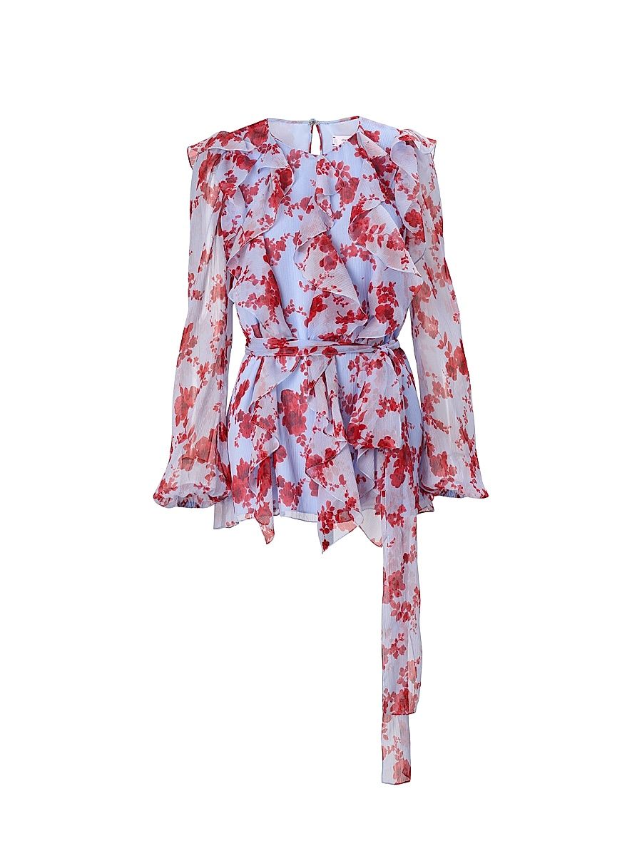 Women's Cabana Floral Silk Ruffle Tie-Waist Top - Celeste Multi - Size 8