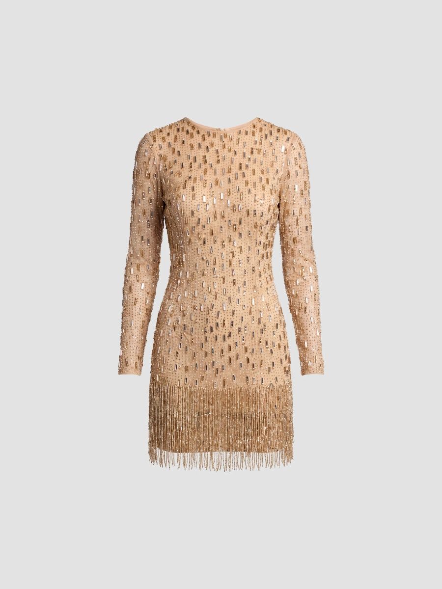 Mac Duggal Women's Beaded Mesh Fringe-Hem Mini Dress - Beige - Size 12