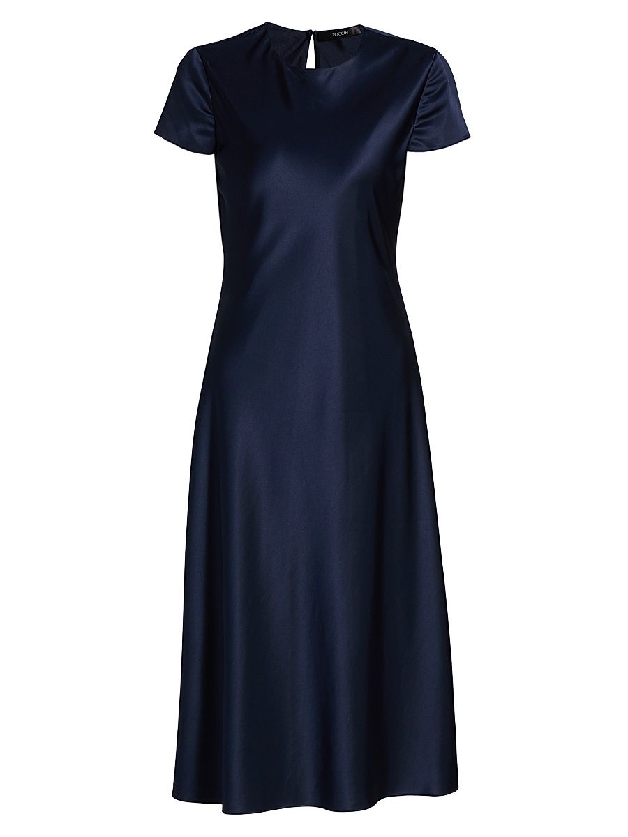 Women's Luciana Short-Sleeve Bias-Cut Satin Midi-Dress - Outerspace - Size 10