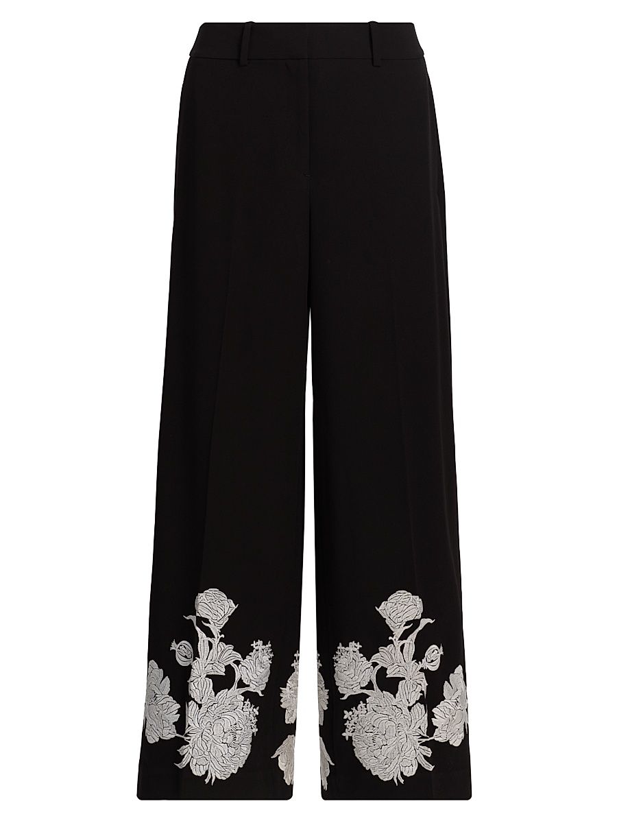 Women's Isla Embroidered Wide-Leg Pants - Noir And White - Size 12