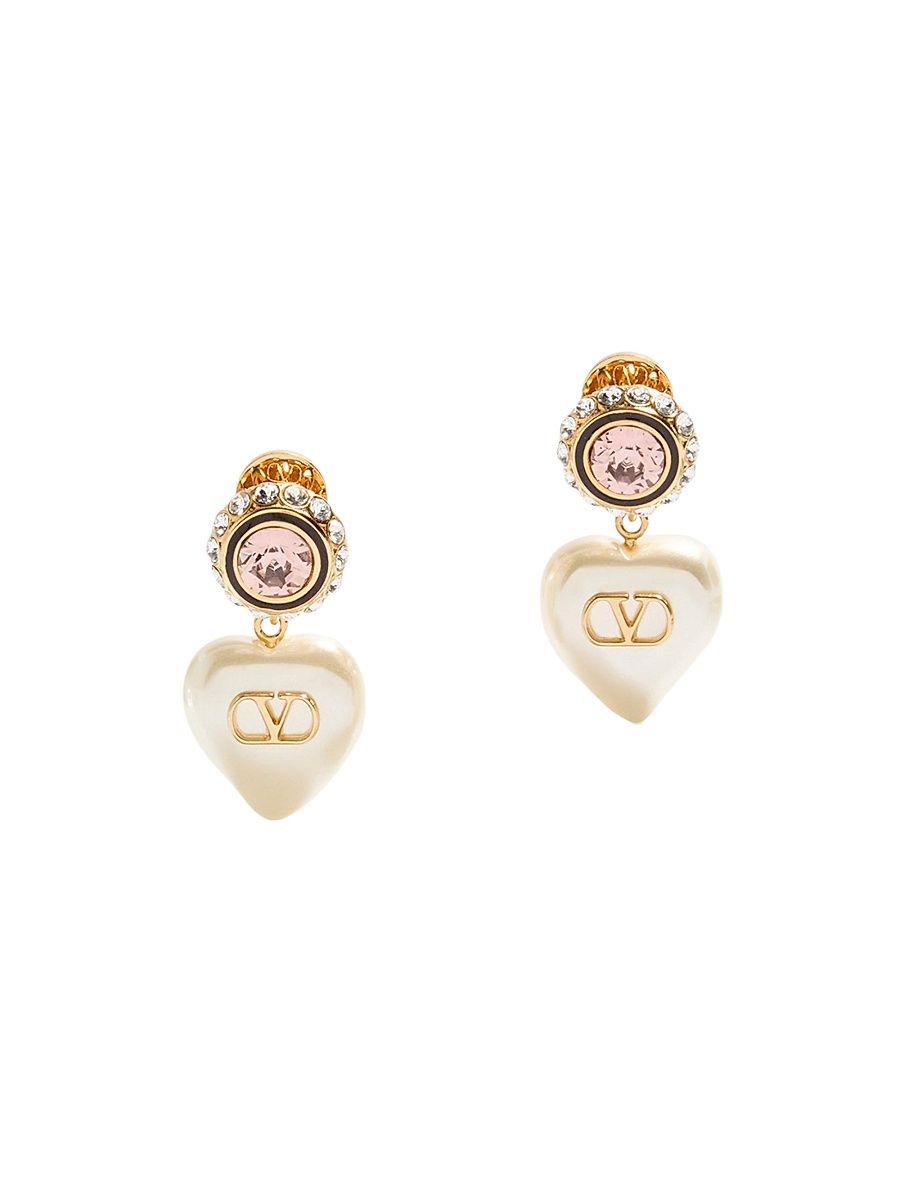 Women's VLogo Signature Earrings in Metal, Enamel, Pearls and Crystals - Gold Cream