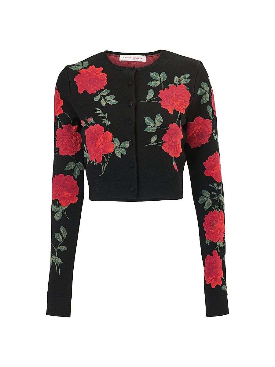 Women's Rose-Print Crewneck Crop Cardigan - Black Multi - Size Medium