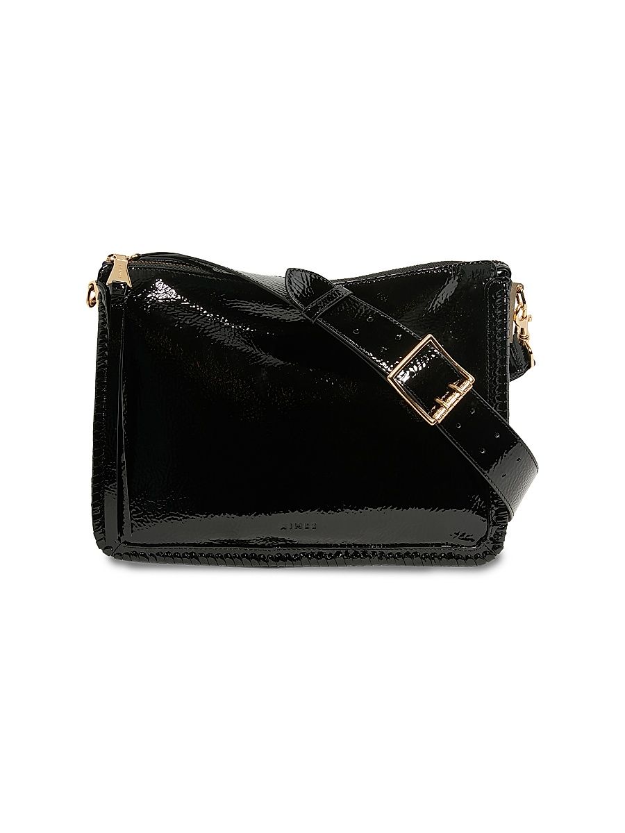 Women's Famous Large Leather Crossbody Bag - Black Crinkle Patent