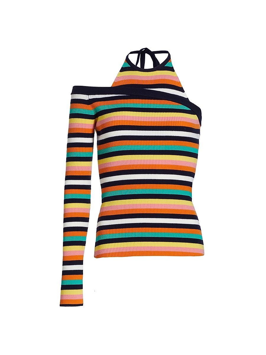 Women's One-Sleeve Halter Top - Rainbow Stripe - Size Large