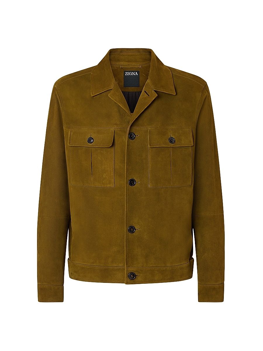 Men's Leather Blouson Jacket - Olive Green - Size 48