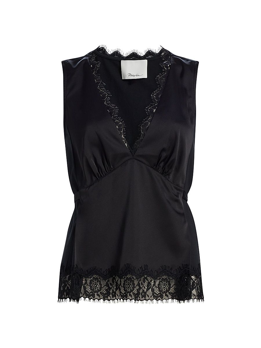 Women's Satin Lace Tie Waist Top - Black - Size Large