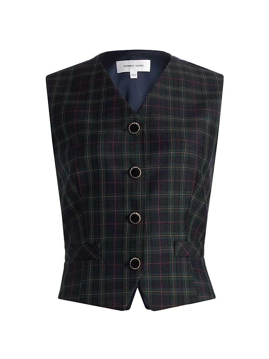 Women's Lily Plaid Vest - Navy Green Plaid - Size Small