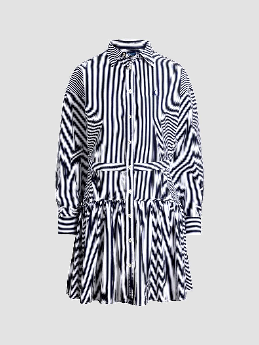 Women's Pinstripe Cotton Shirtdress - White Fall Royal - Size 0