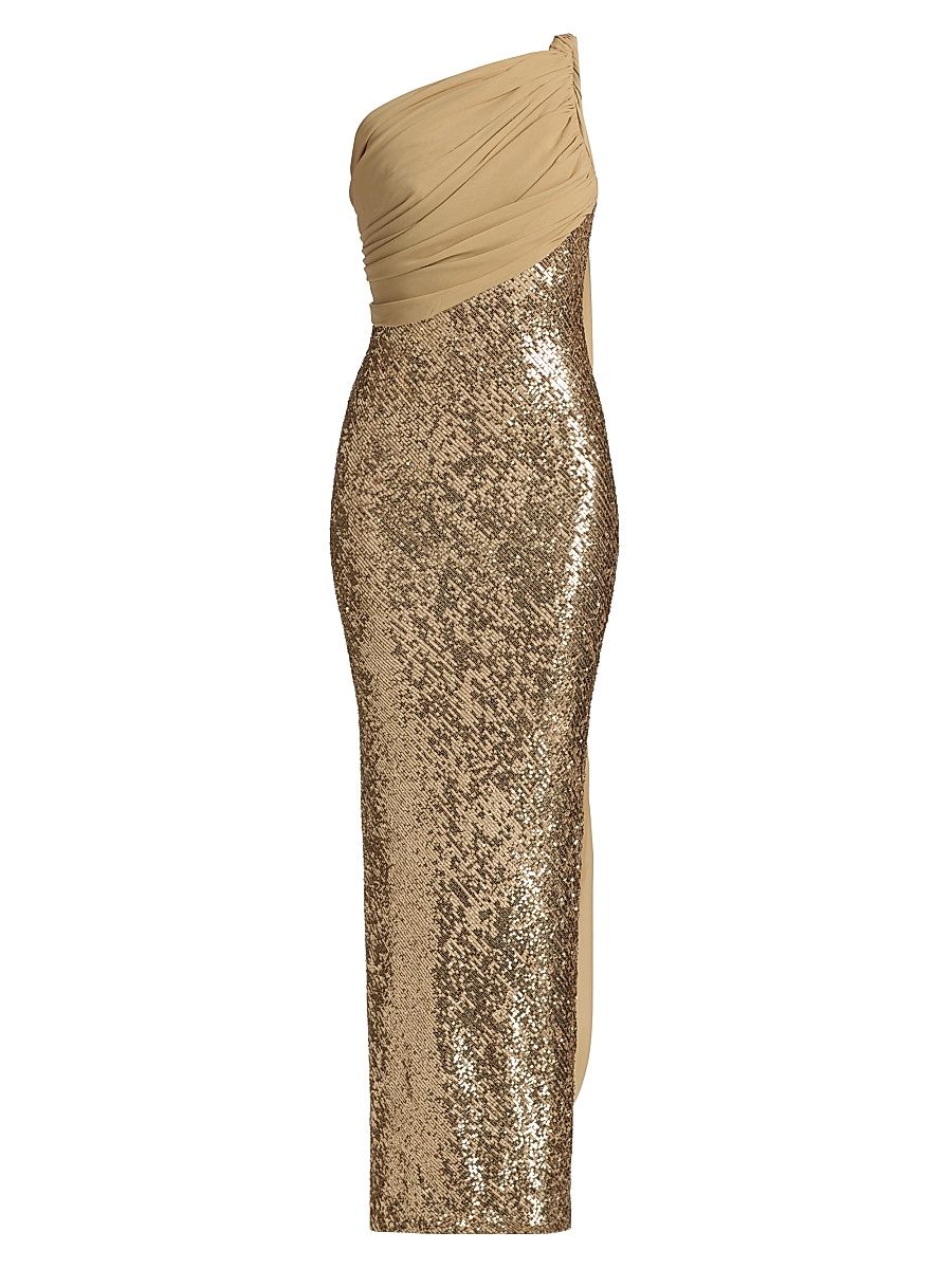 Women's Sequined Chiffon One-Shoulder Gown - Gold - Size 10