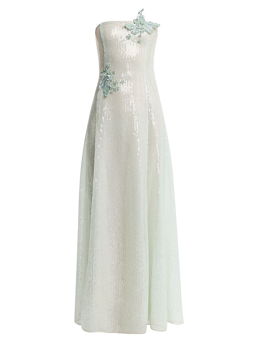 Women's Appliqué Sequined Strapless Gown - Frosted Mint - Size 8