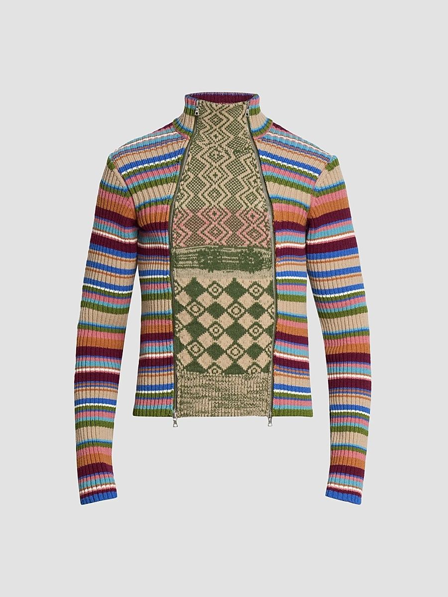 Men's Striped Wool Rib-Knit Cardigan - Old Rose - Size XL