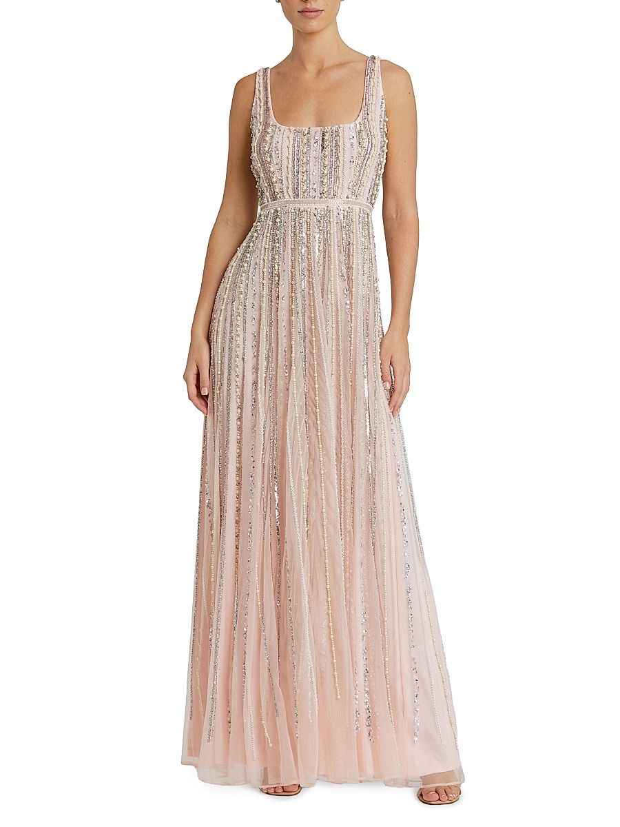 Women's Evening Beaded Scoopneck Gown - Blush - Size 14