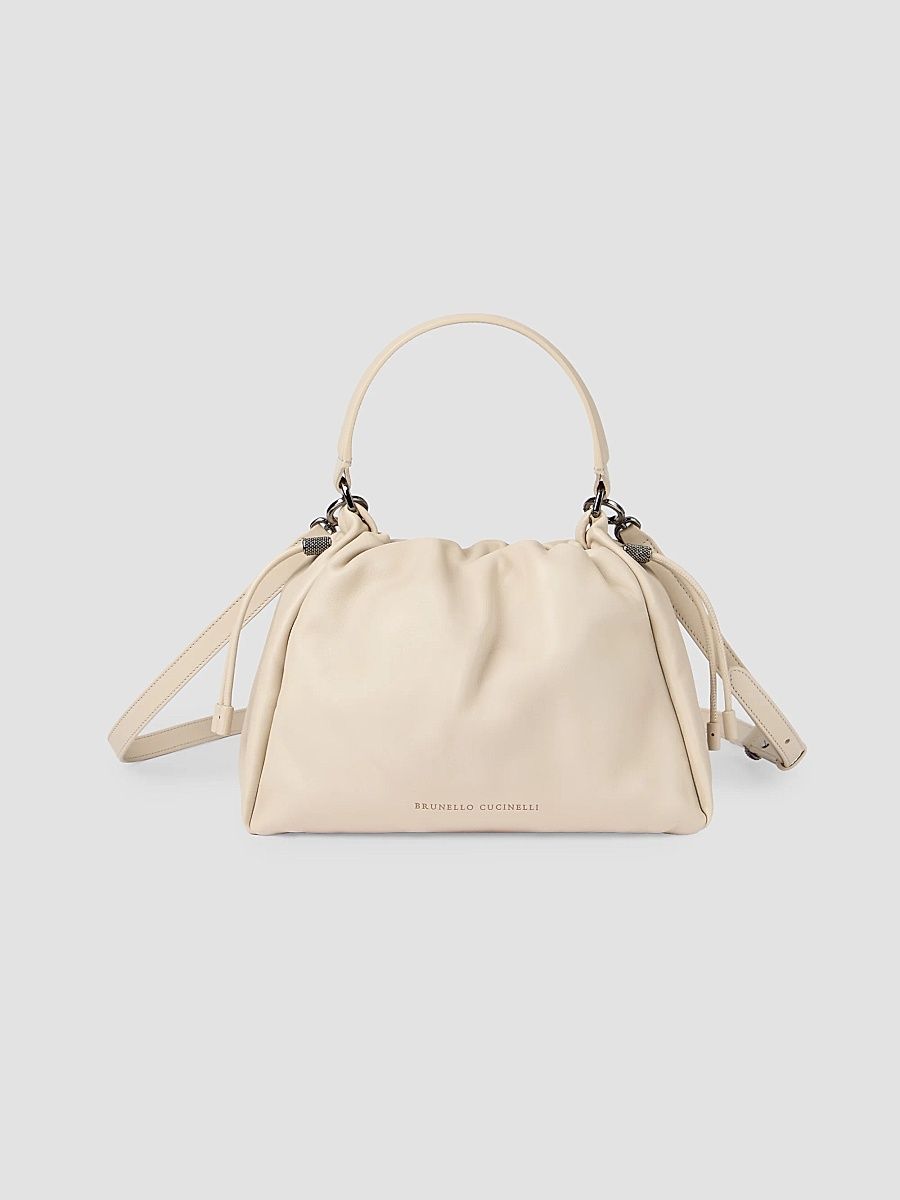 Brunello Cucinelli Women's Mellow Small Bucket Bag in Soft Leather with Monili - Ivory