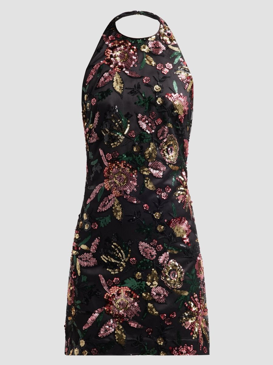 Ramy Brook Women's Eva Floral Sequined Halterneck Mini Dress - Black Floral Sequin - Size 12